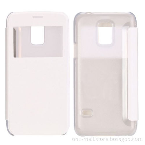 Brushed Cloth Texture Caller ID Window Design Side Flip Leather Case for Samsung Galaxy S5 mini G800